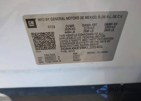 2019 Chevrolet Equinox Lt z USA, uszkodzony, nr VIN 3GNAXKEV6KL131401